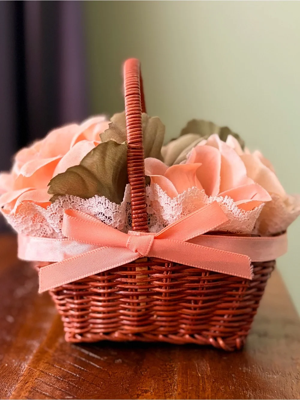Vintage Handmade Peach Ribbon Wicker Basket with Floral Accent
